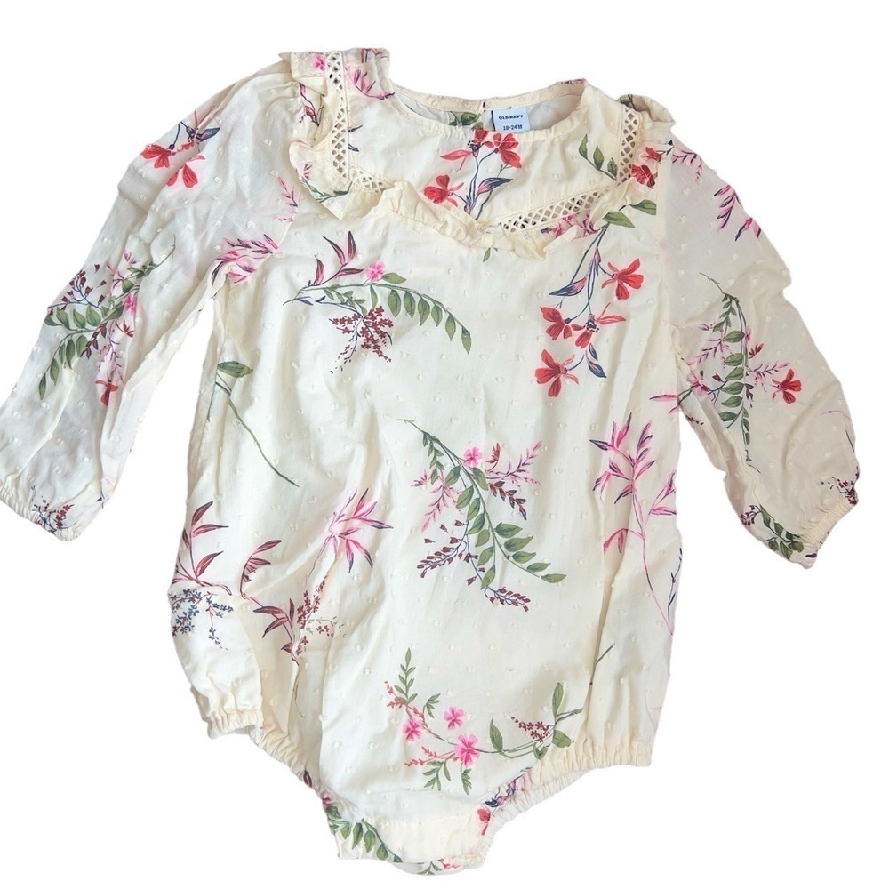 Old Navy Baby Toddler Girl Cream Ruffle Trim Swiss Dot
Floral Bubble Romper NWT